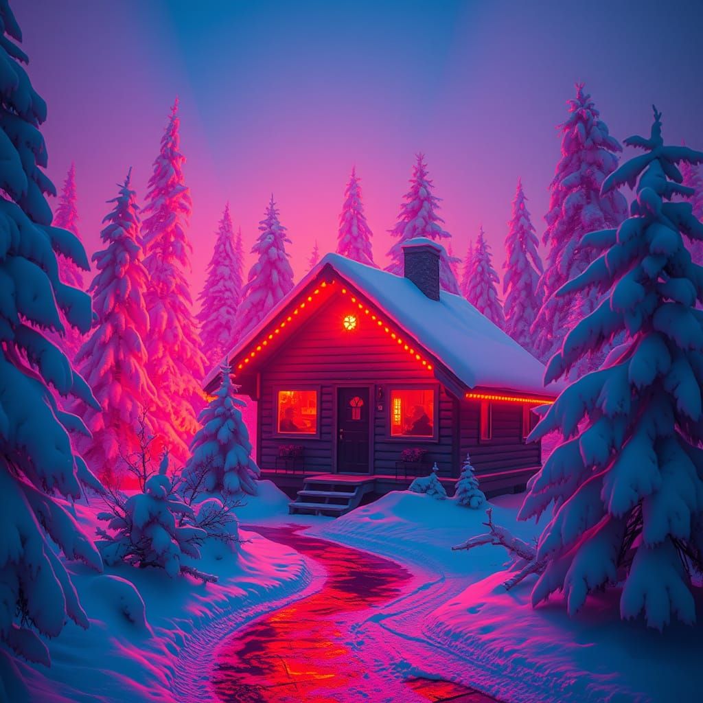 Winter Cabin Glows with Neon Radiance