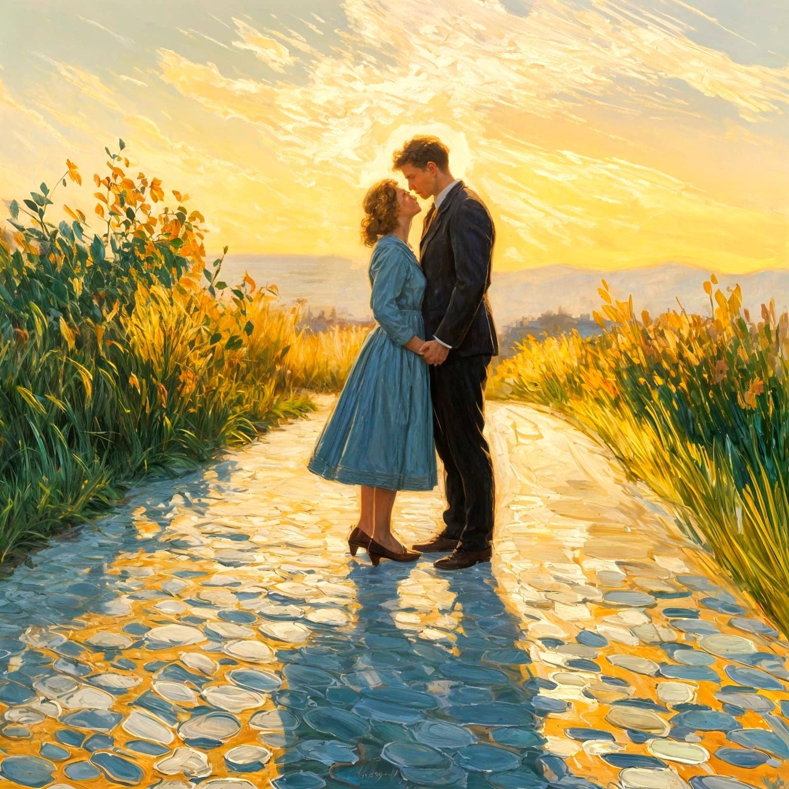 Romantic Impressionist Scene Under a Golden Sunset