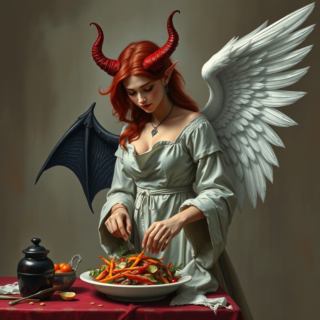 Bikini Angel and Demon Duality Cooking Scene