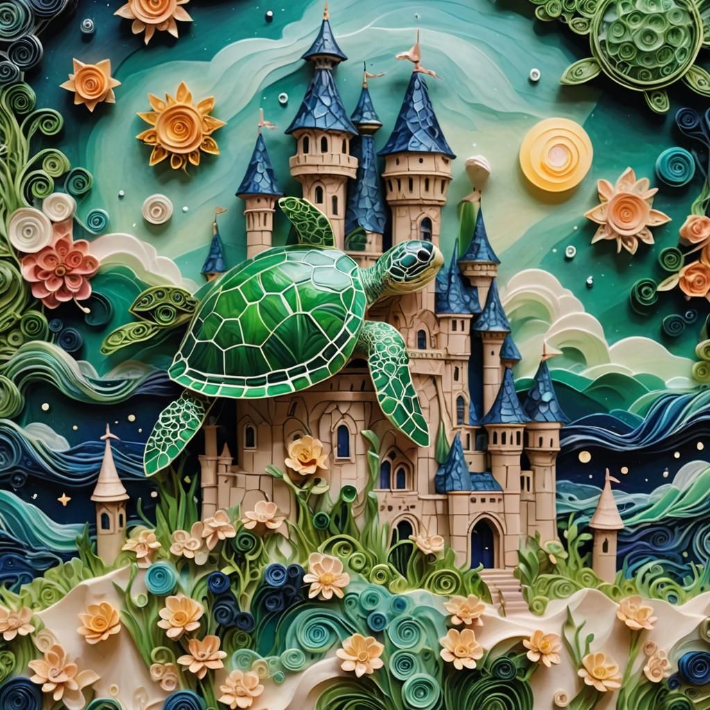 Glowing Sea Turtle Castle in Baroque Naive Art