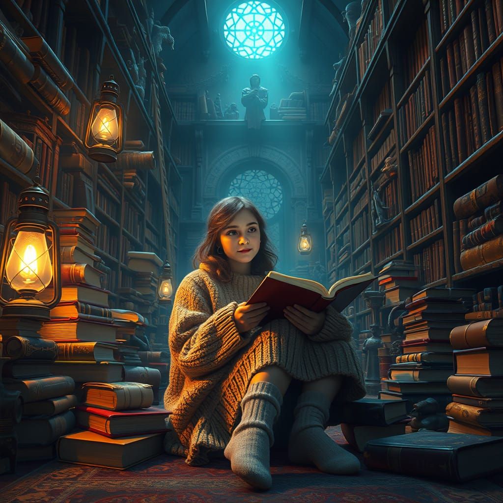 Cozy Study Girl in a Whimsical Library Sanctuary