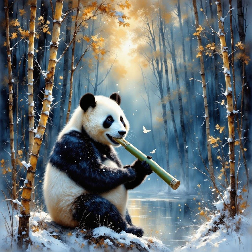 Panda in Snowy Bamboo Forest: Action Painting