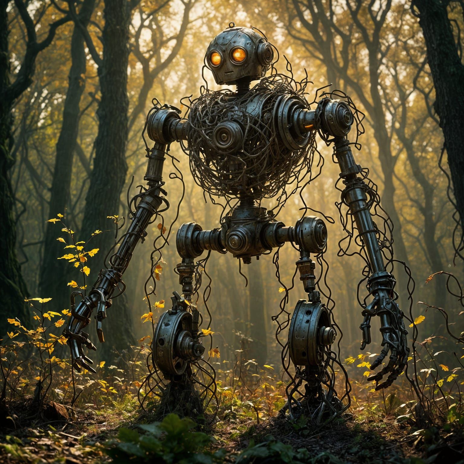 Vine-Covered Robot in Forest Clearing
