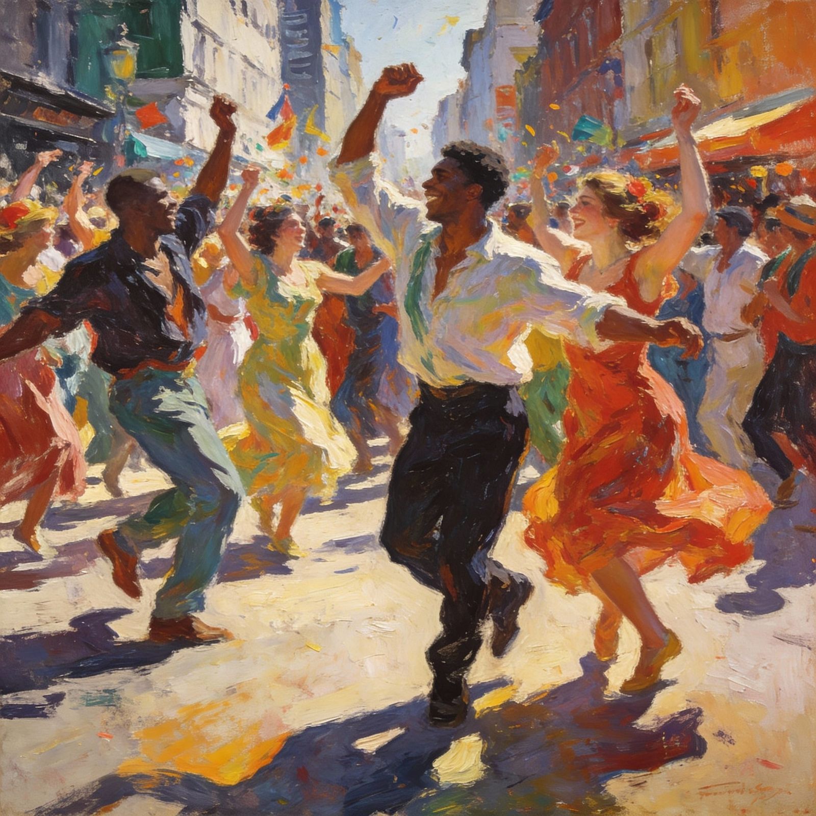 Joyful Crowd Dancing in City Street Impressionist Oil Painti...