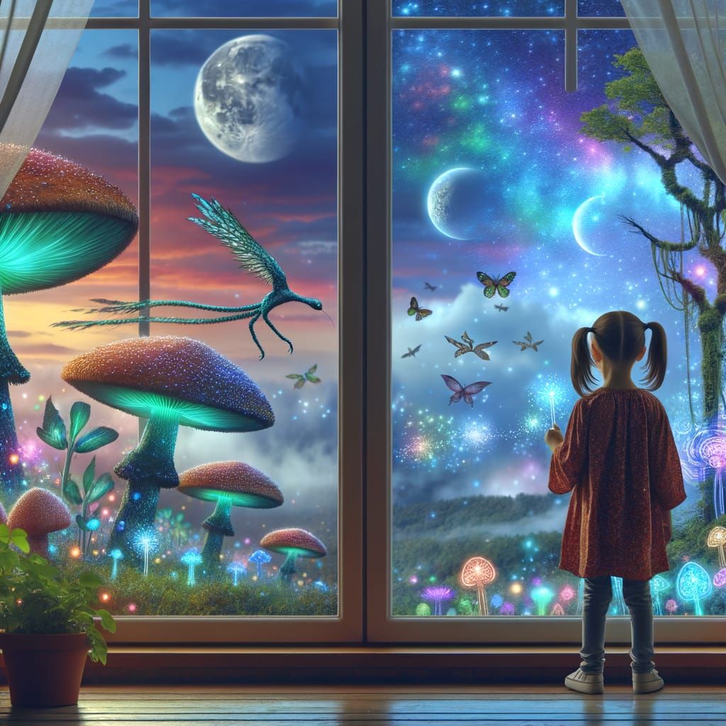 There is a little girl looking out a window at a fantasy sce...