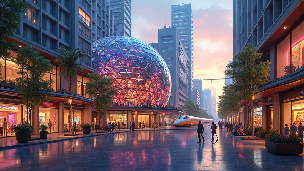 City Center Geodesic Dome Shopping Hub at Sunset
