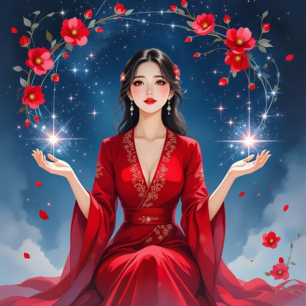 Ethereal Woman in Crimson Ao Dai Gazing at Pleiades