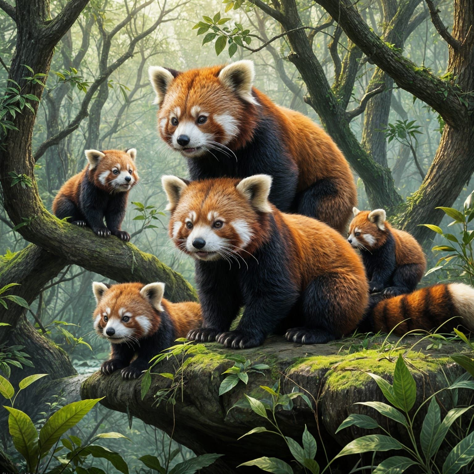 Red Panda Family in Ethereal Fantasy Landscape