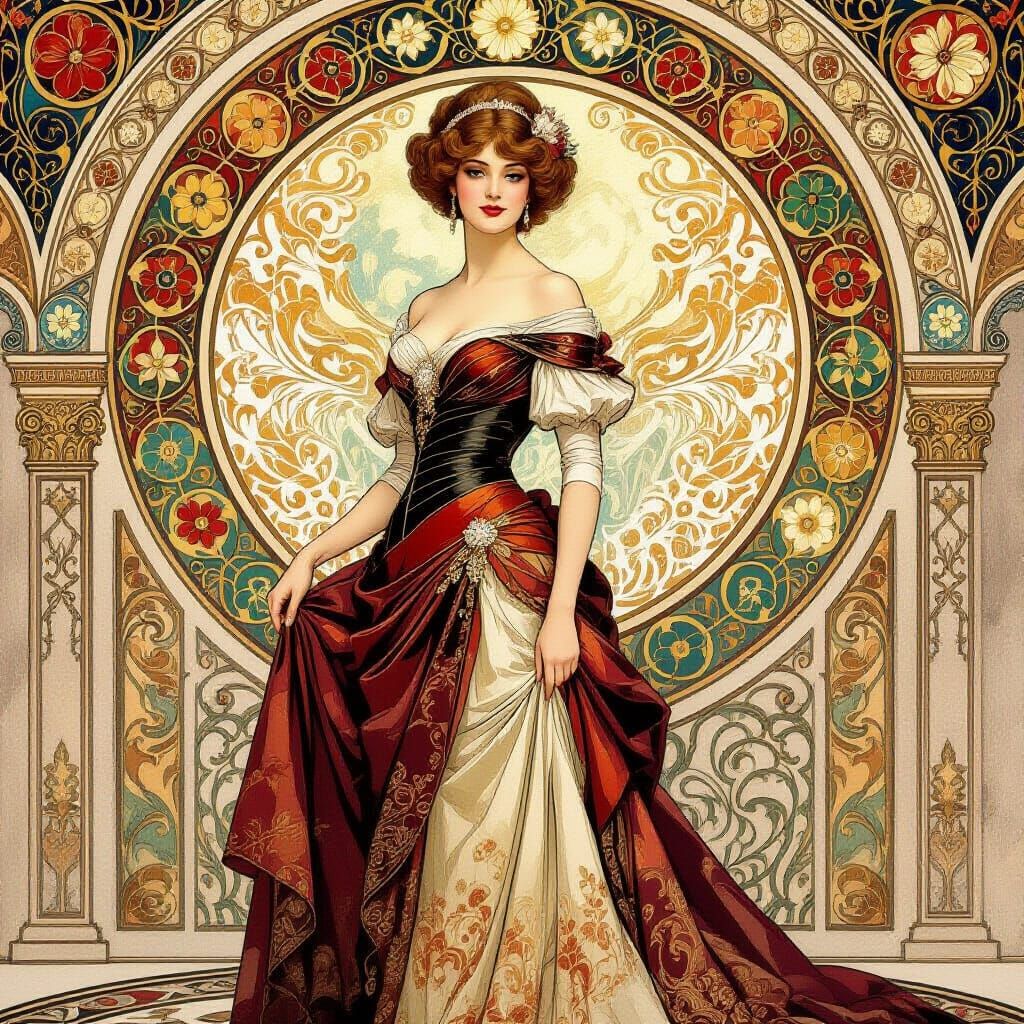 Elegant Countess in Ballroom, Art Nouveau Style