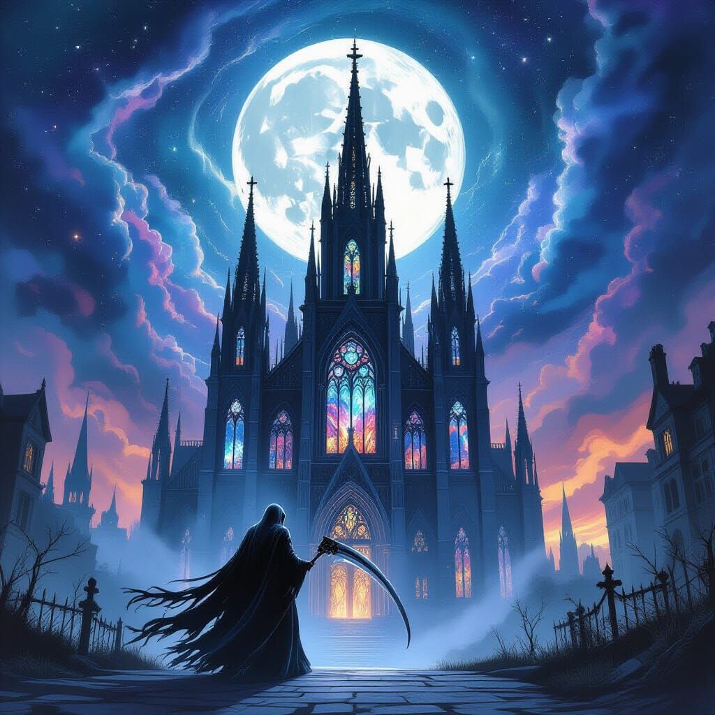Spectral Reaper at Gothic Cathedral Under Nebulae Sky