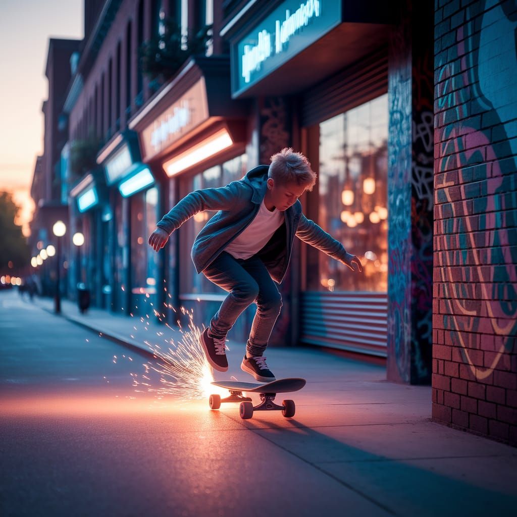 Skateboarding Boy in Urban Street with Cyberpunk Vibe