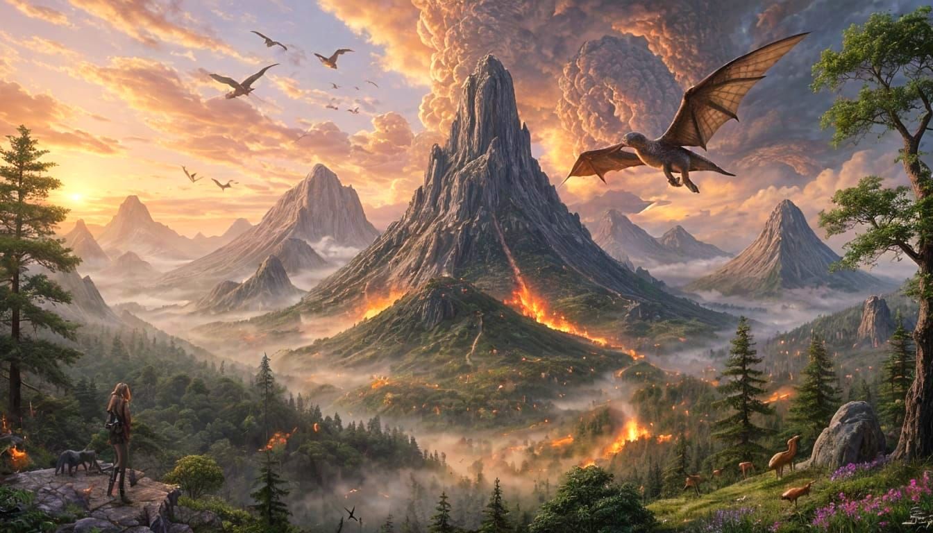 Pterodactyls Soar Over Prehistoric Landscape in Fantasy Styl...