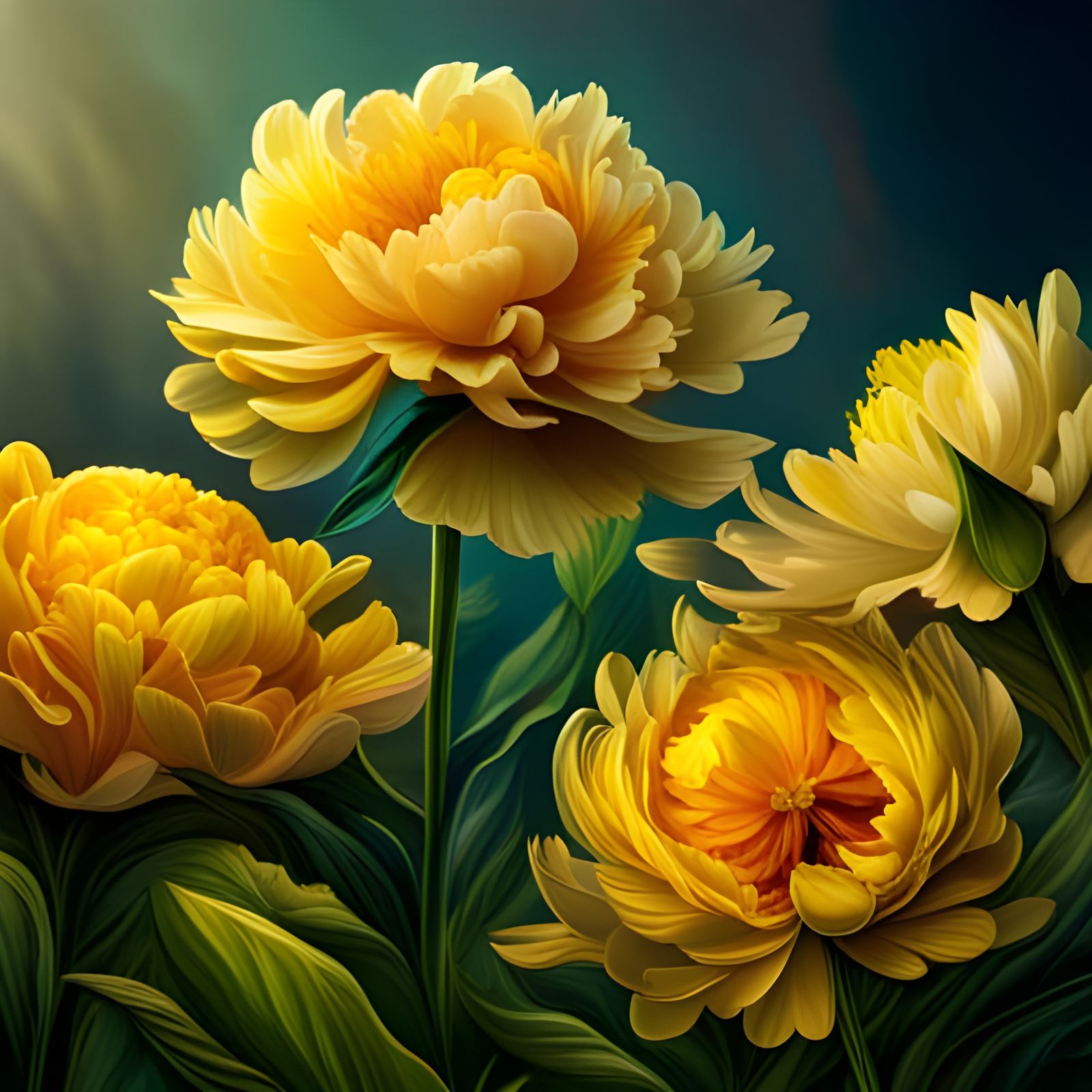 Hyperdetailed Yellow Peonies in Volumetric Lighting