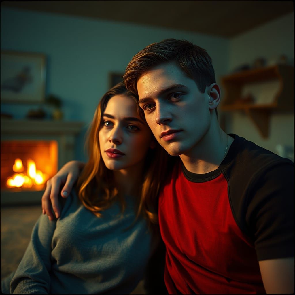 Hyperrealistic Image of a Young Couple by Fireplace