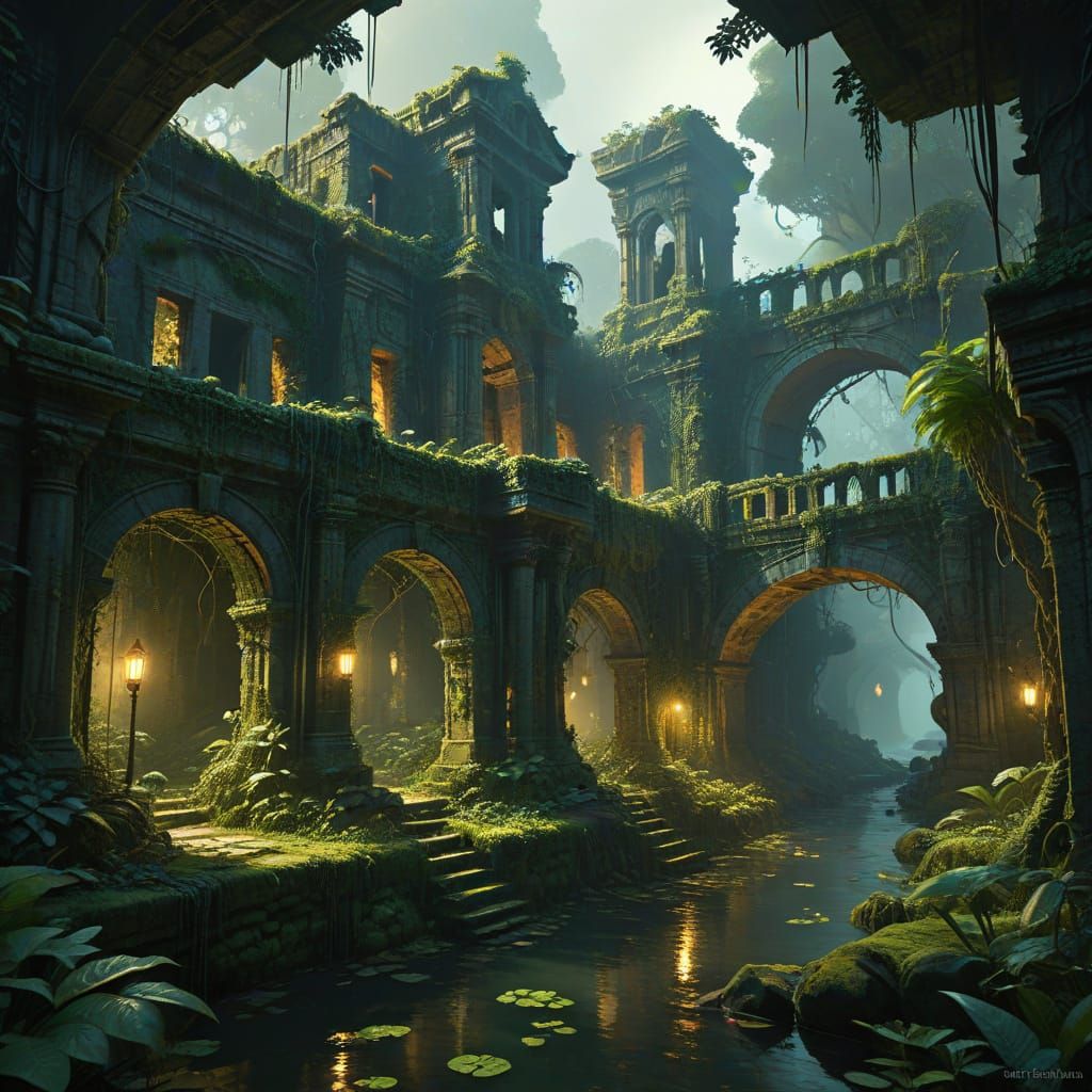 Jungle City Ruins Illuminated by Ancient Lights