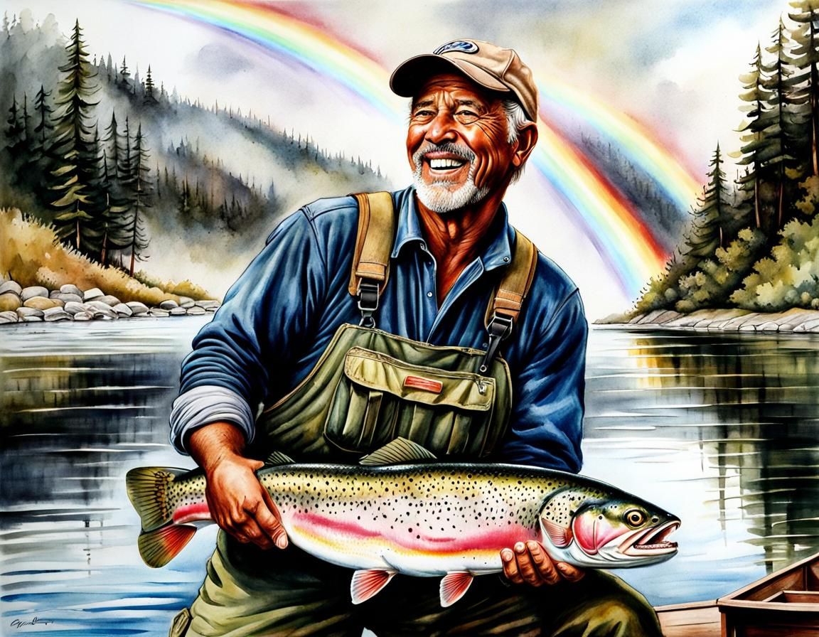 Joyful Fisherman with Giant Trout: Charcoal Watercolor Sketc...