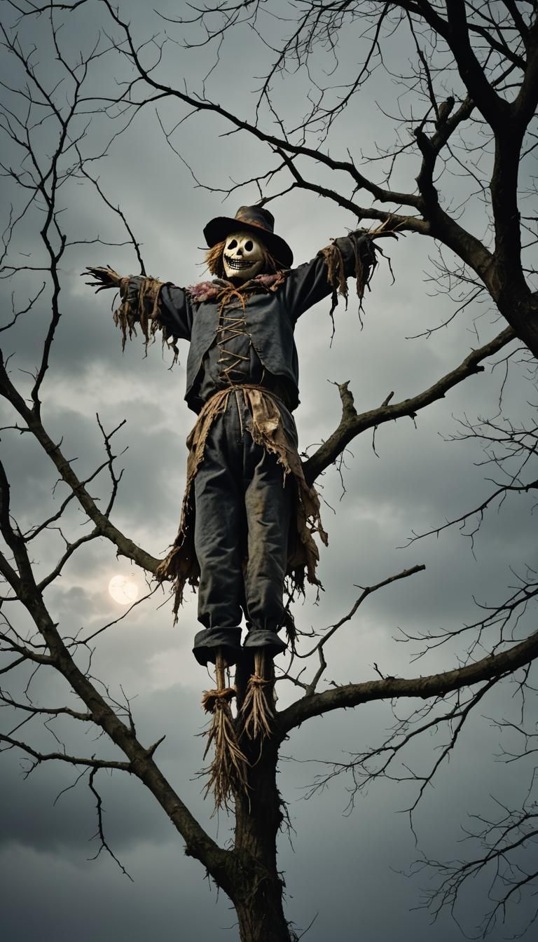 Eerie Scarecrow Hanging on Dark Cloudy Day
