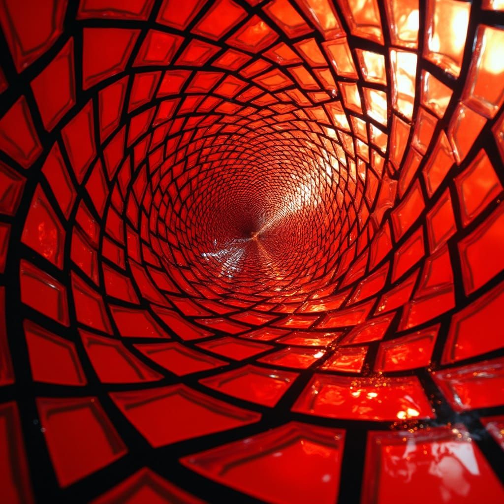 Red Glass Lattice Spiral in Op-Art Style