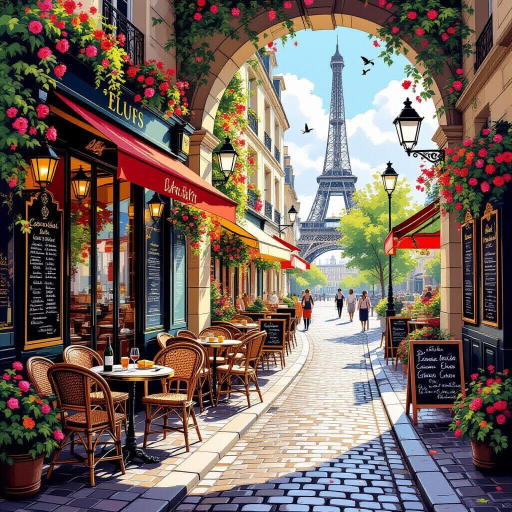 Charming Parisian Cafe Scene with Eiffel Tower View
