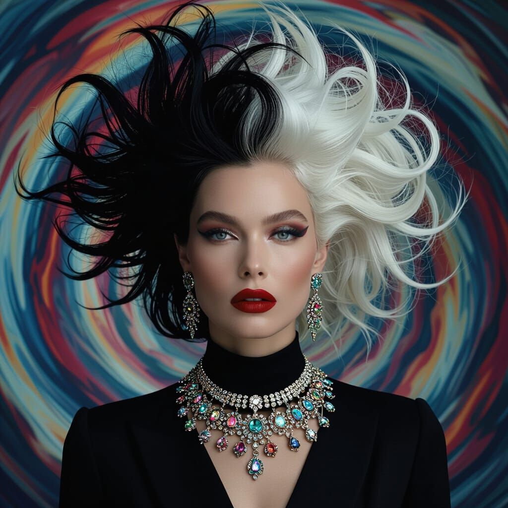 A striking portrait of a woman undergoing a dramatic transfo...