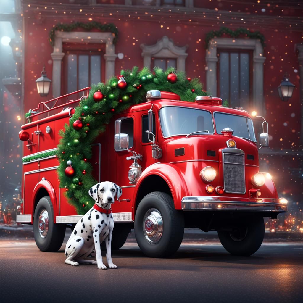 Festive Fire Truck with Dalmatian in Santa Hat