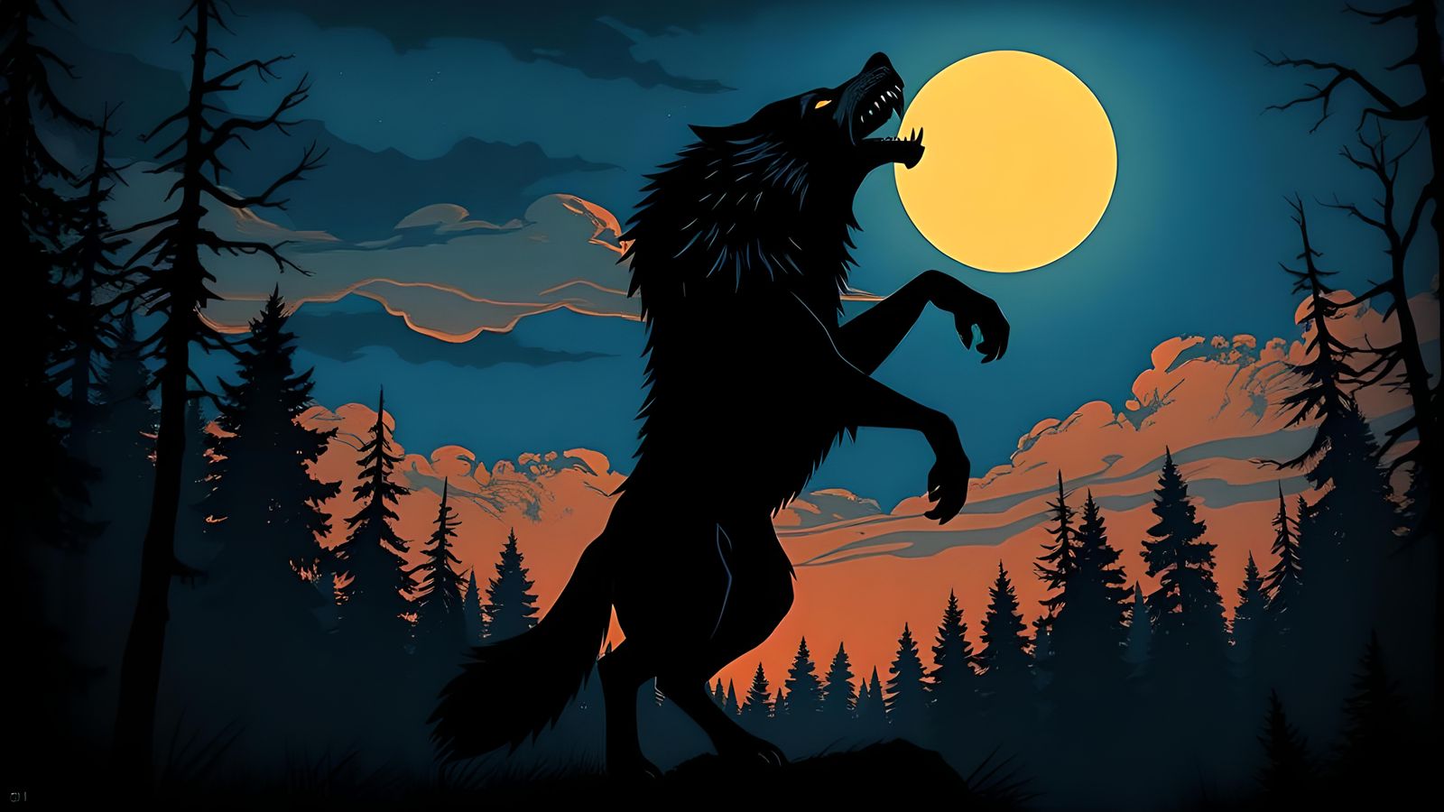 Gothic Werewolf Silhouette in Dark Fantasy Comic Style