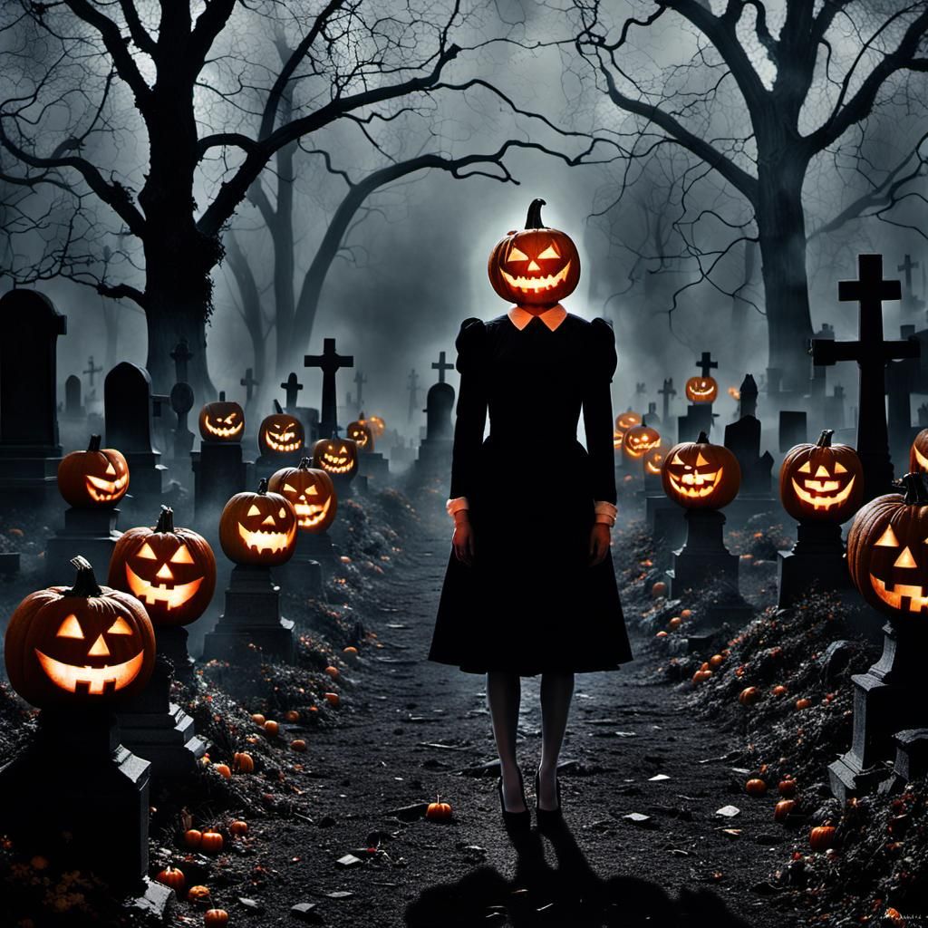 Halloween Pumpkin Head Figure in Graveyard