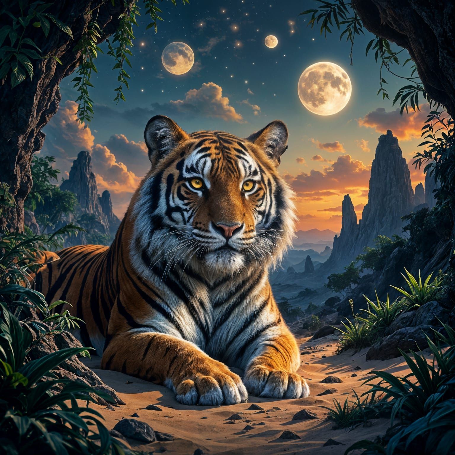 Majestic Tigress Surveys Alien Jungle Under Cosmic Dusk