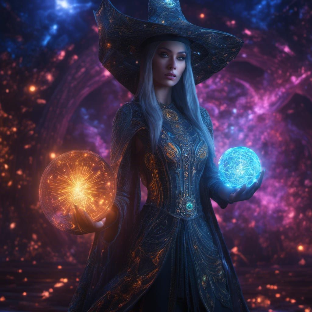 Beautiful Neopunk Wizard Discovering Her Magic