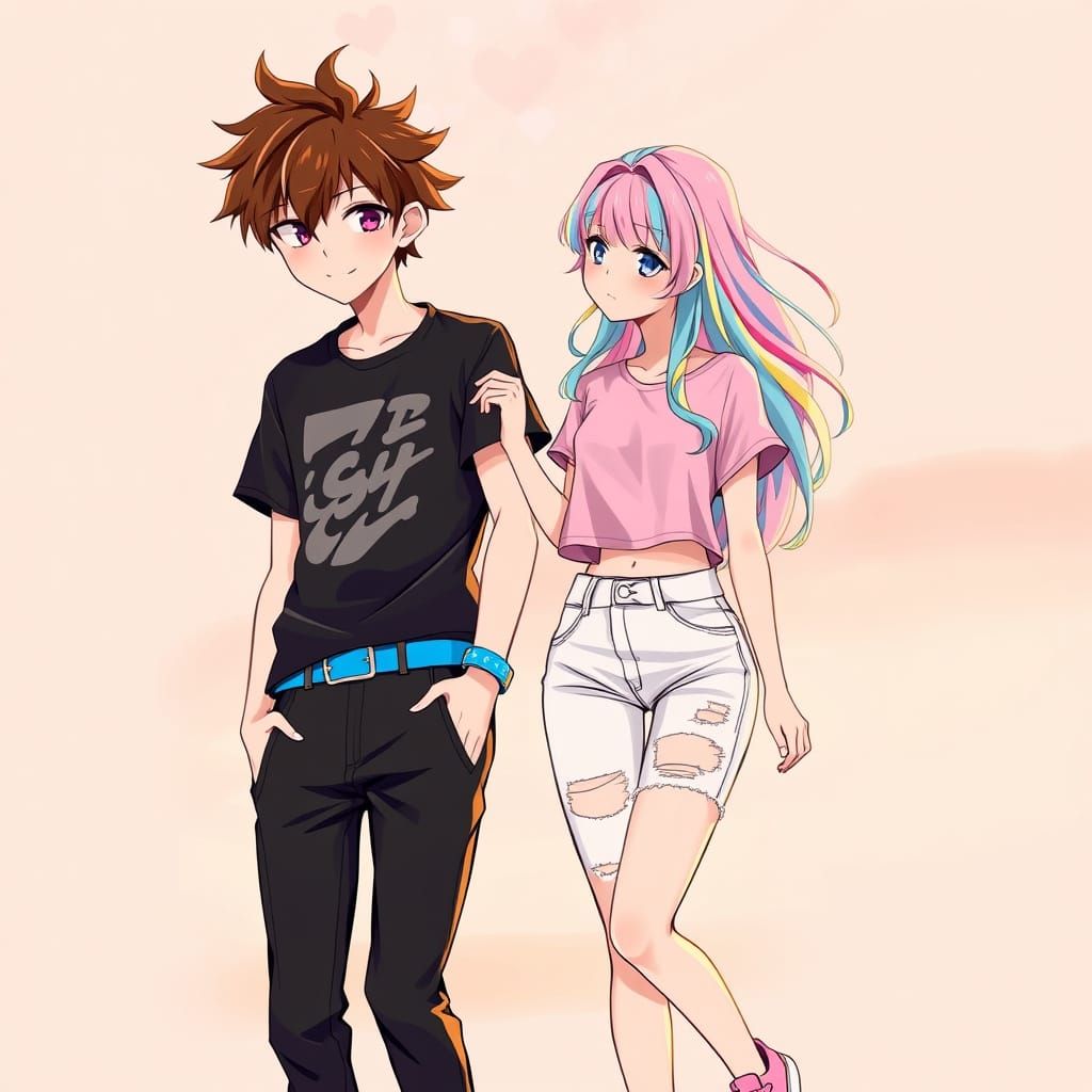Youthful Anime Couple on a Casual Sunset Date
