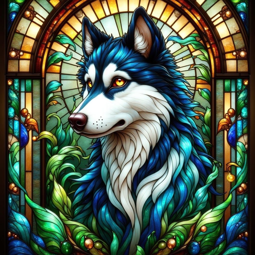 Surreal Stained Glass Husky in Luminous Art Nouveau Style