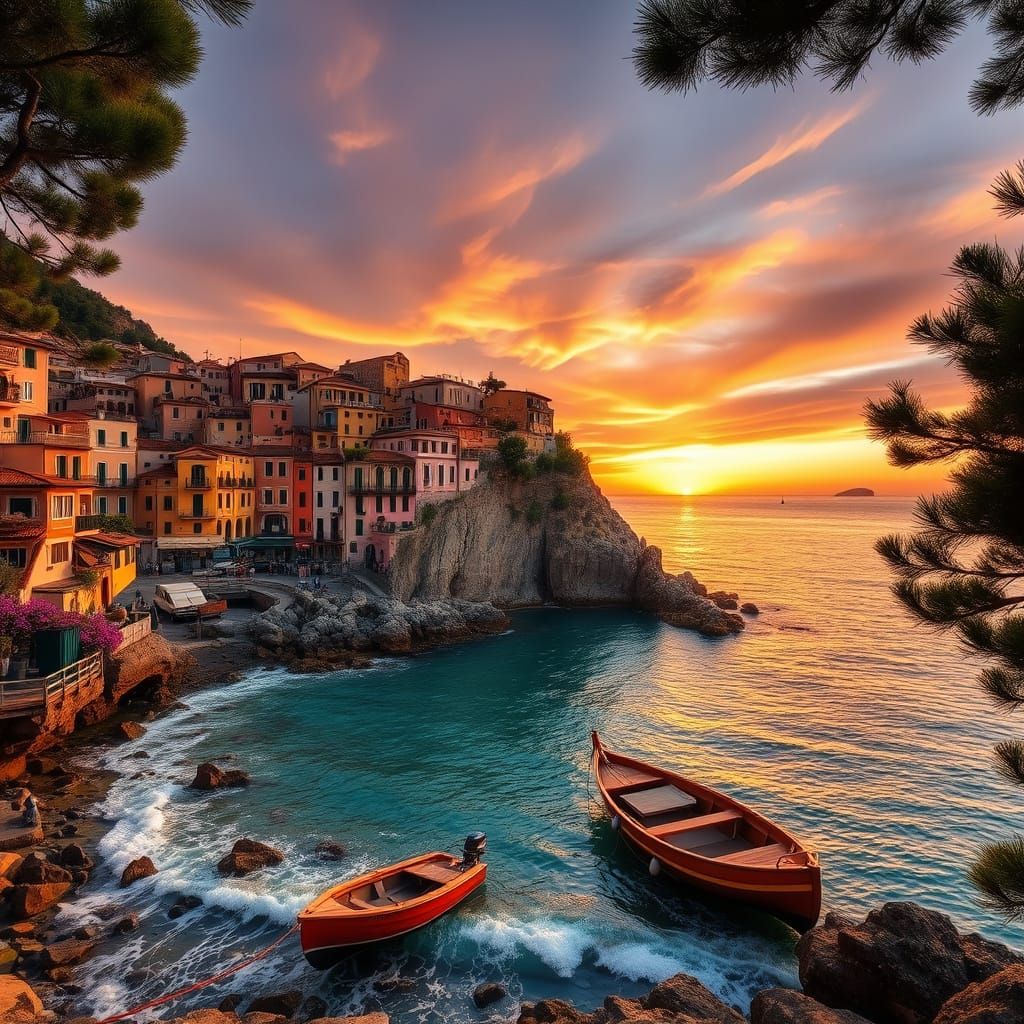 Italian Coastal Village at Sunset on Dramatic Cliffs