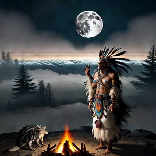 Night Shaman's Spiritual Visitors in Fantasy Art Style