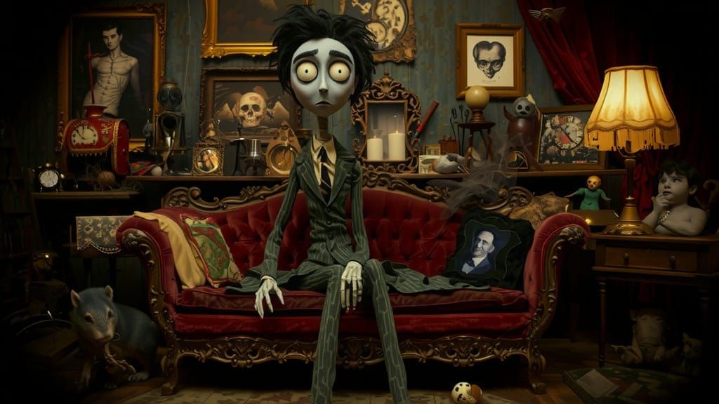 Gothic Eccentric Sits Amidst Whimsical, Steampunk Clutter