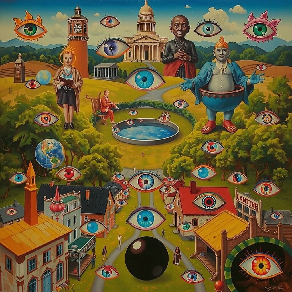 Surreal Green Eyes Floating Over World, Expressive Sculpture