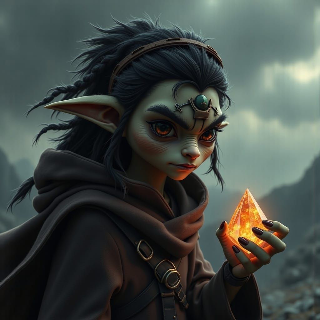 Adventurer with Crystal in Beksiński-Inspired Landscape