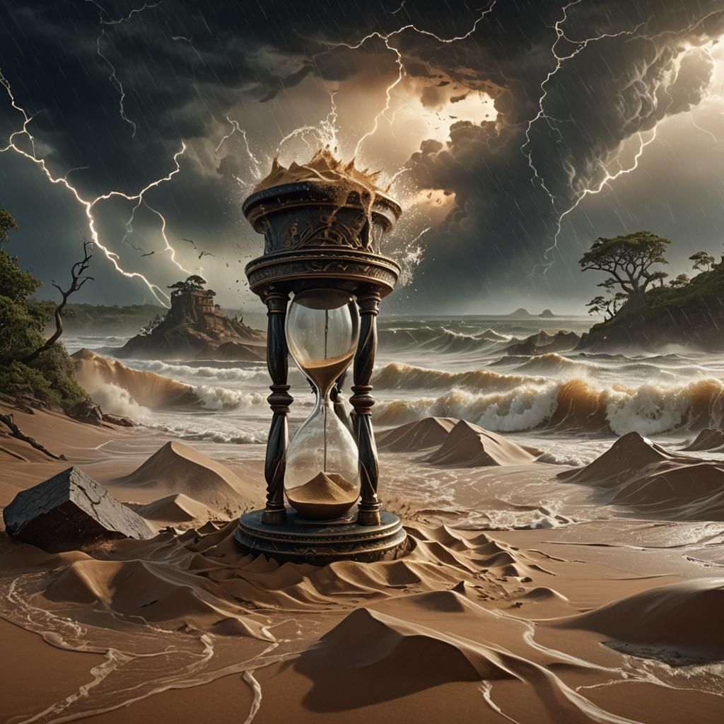 scene where an hourglass is depicted within a raging storm, its sands swirling amidst the chaos of nature