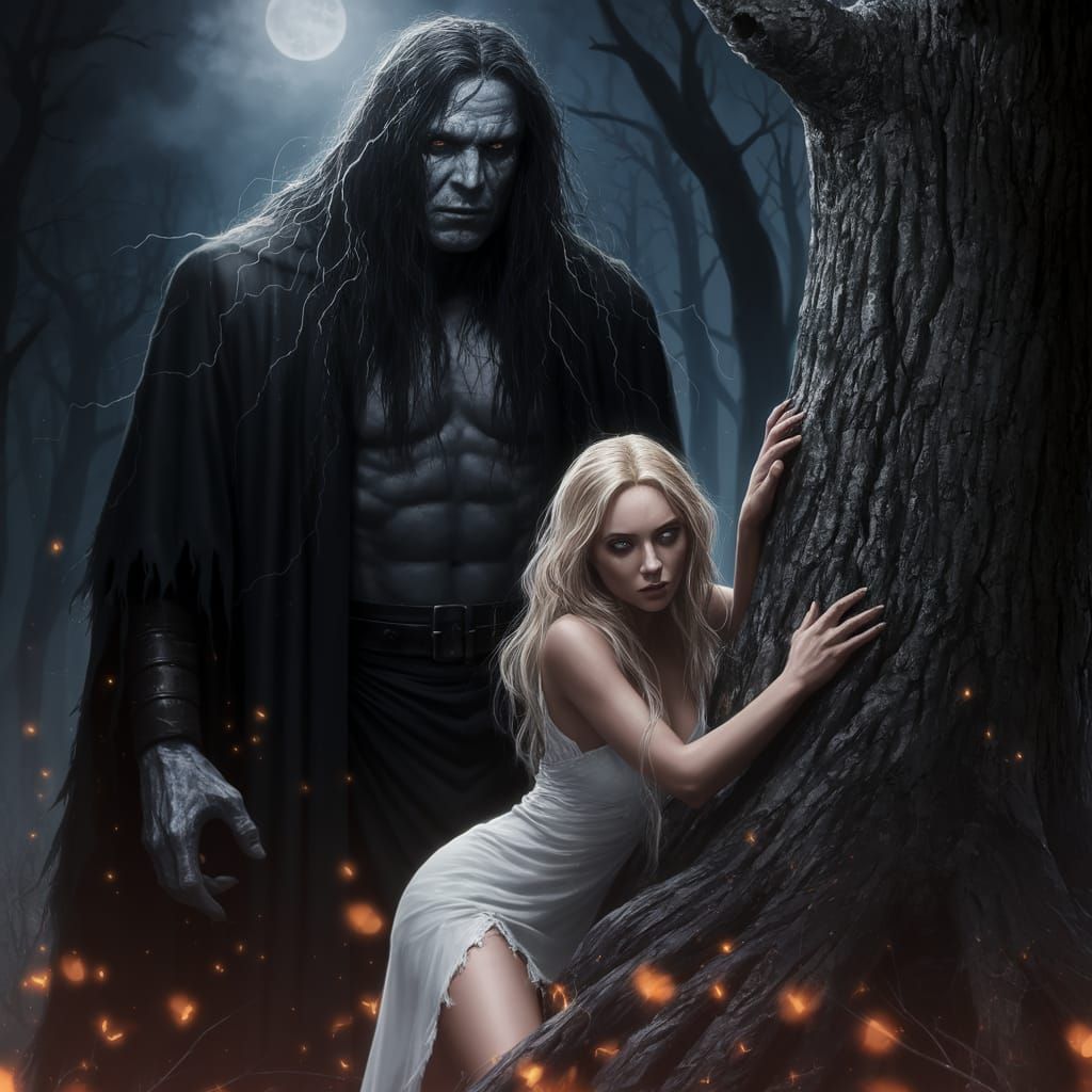 Dark Figure Confronts Blonde Woman in Moonlit Forest
