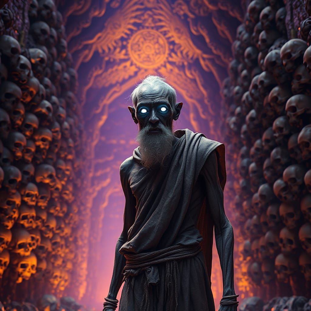 Ancient Man in Skull Catacomb, Hyperdetailed Art