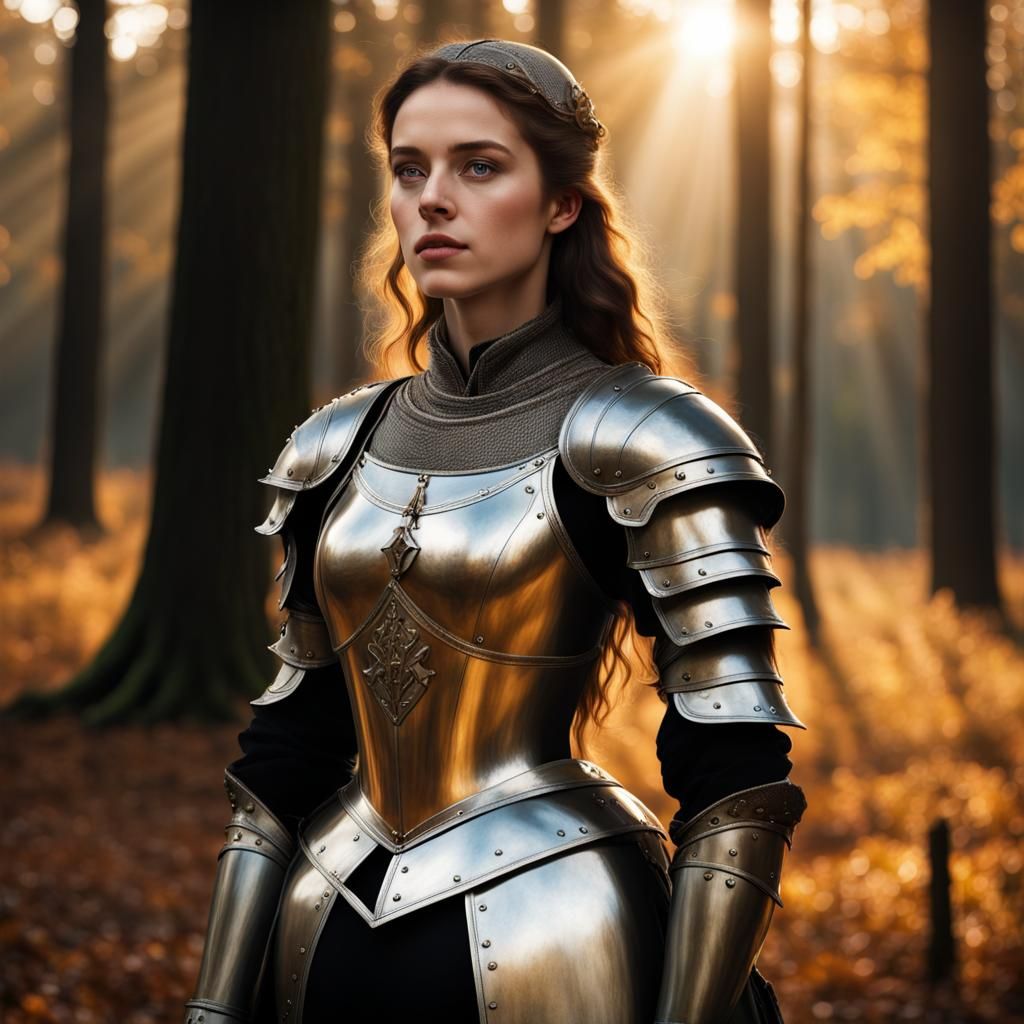 Woman in Medieval Armor in Autumnal Glade