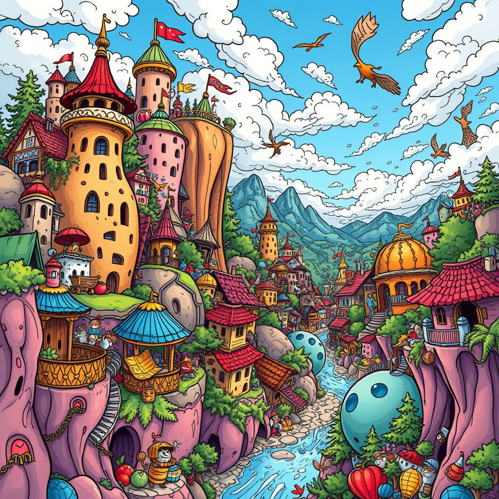 Whimsical Doodle World in Comic Book Style