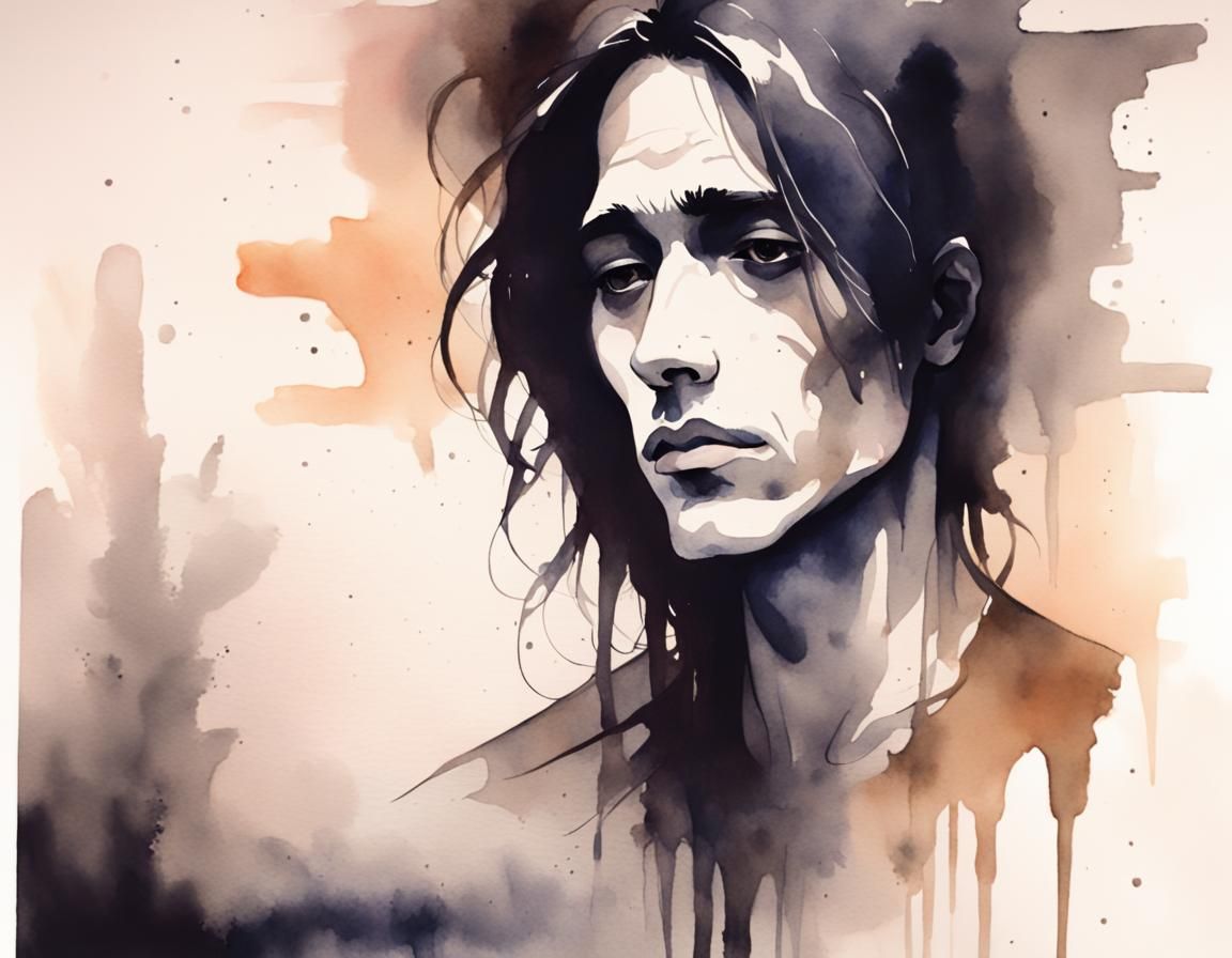 Melancholic Man in Dark Moody Watercolor Art