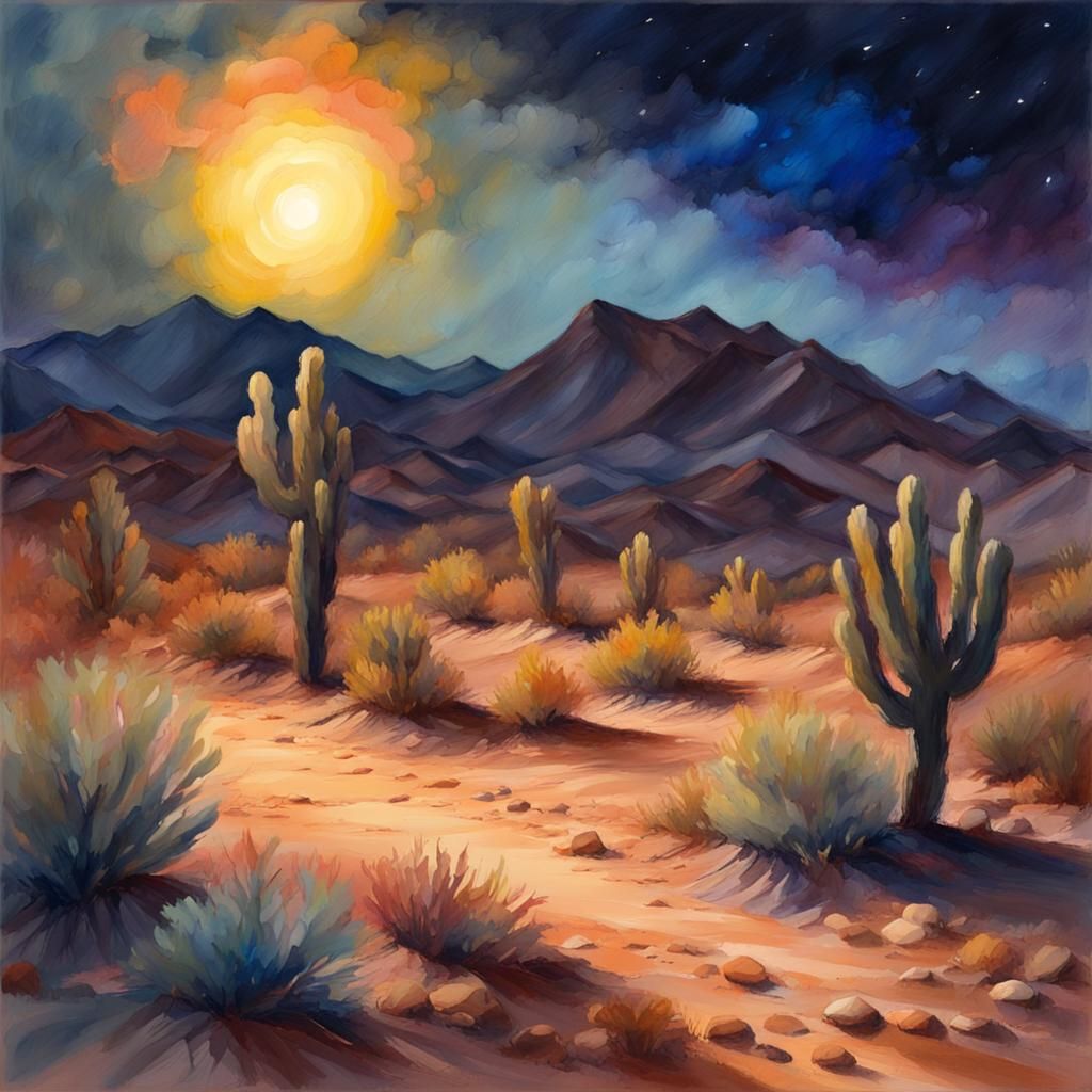 Desert Night Lights: Gouache Watercolor Impressionist Painti...