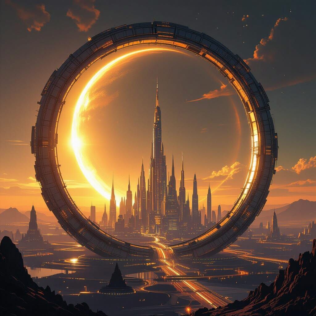 Futuristic Cityscape on a Rotating Dyson Ring Around a Sun