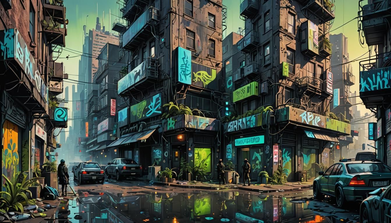Cyberpunk City in Decay: A Nano-Enhanced Dawn