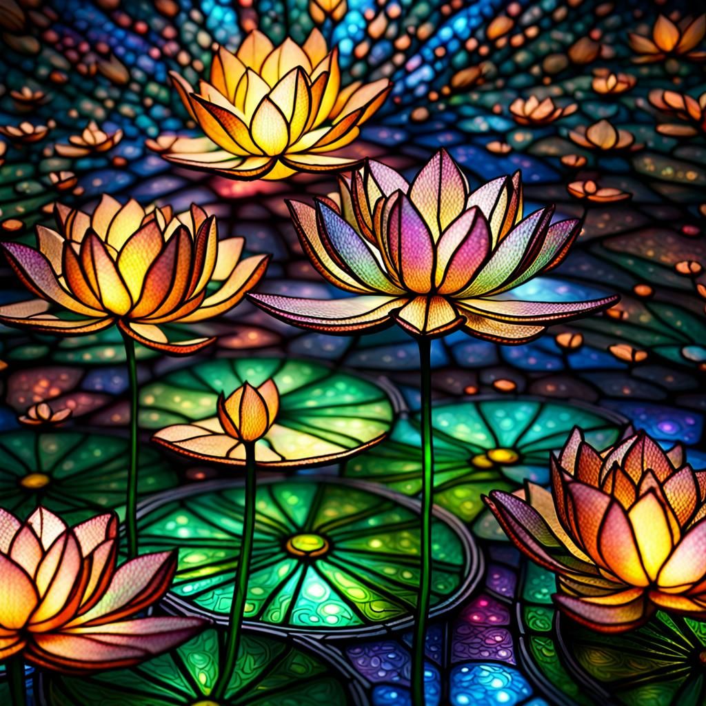 Glowing Stained Glass Lotuses in Fairycore Style