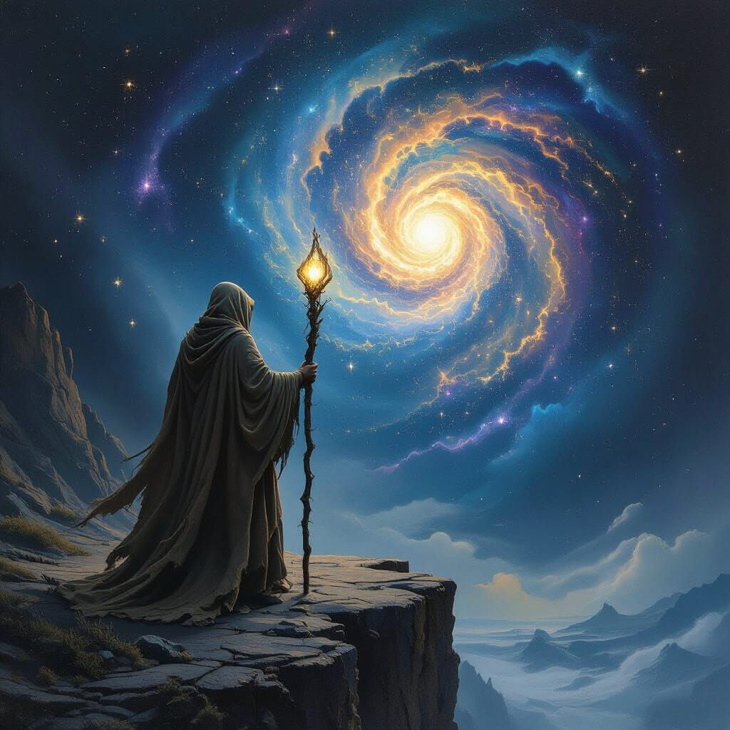 A lone figure stands on a windswept cliff, gazing out at a v...