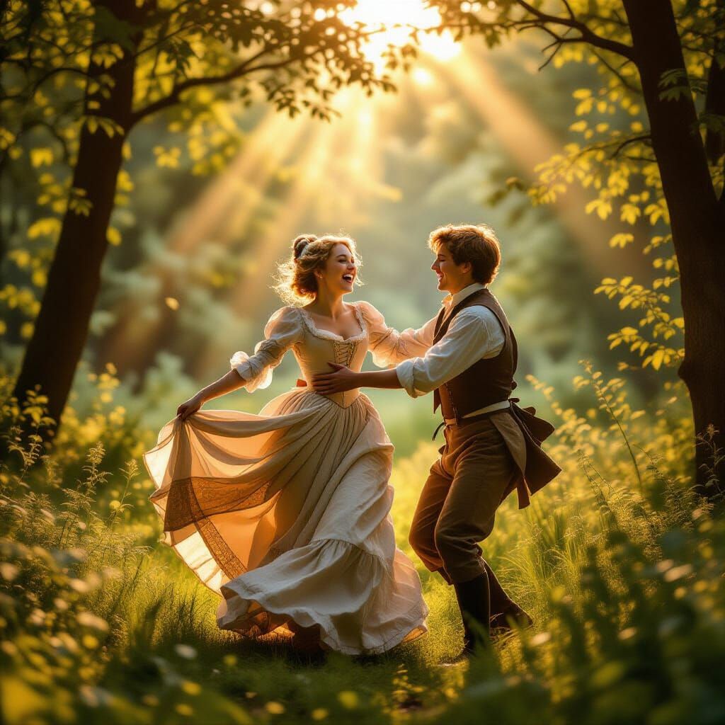 Joyful Regency Couple Dancing in Sunlit Forest