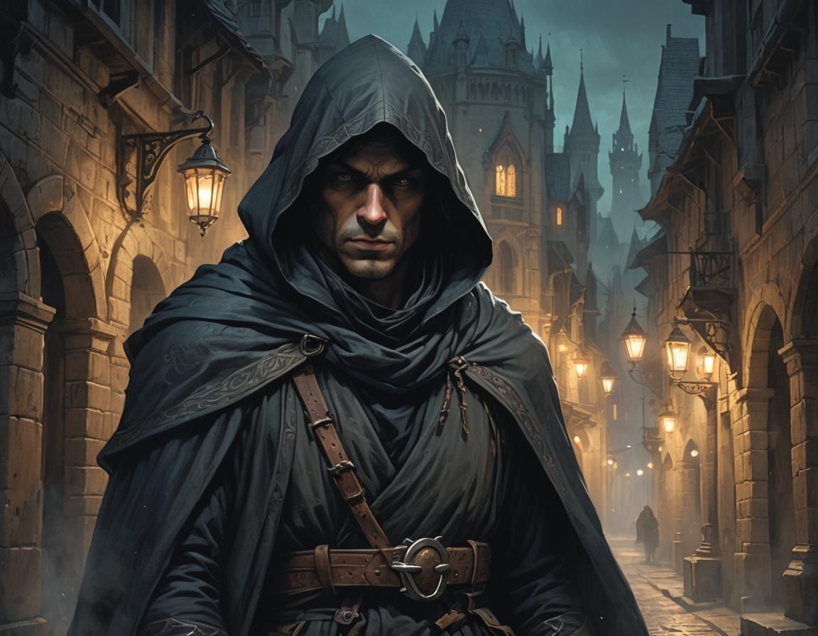 Hooded Thief in Shadowy City, Dramatic Fantasy Art