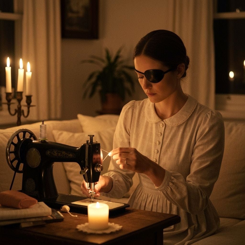 Woman Sewing Eyepatch in Luminous Impressionism Style